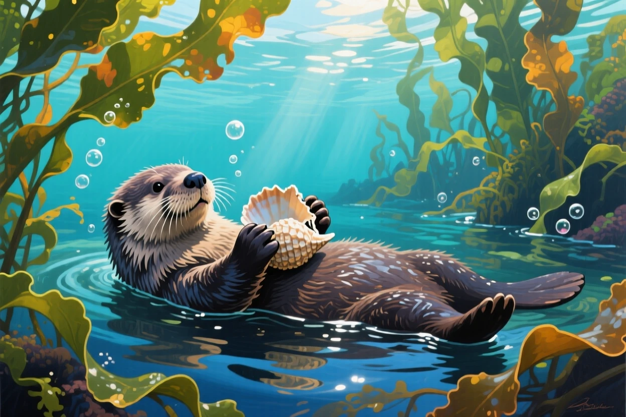 A playful sea otter floats on its back in a kelp forest off the California coast, cracking open a shell balanced on its stomach, small details in its fur or feathers catching the light with remarkable clarity.