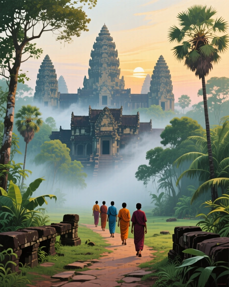 Angkor Wat temple emerging from thick jungle fog, at first light, a small group of pilgrims making their way along an ancient path