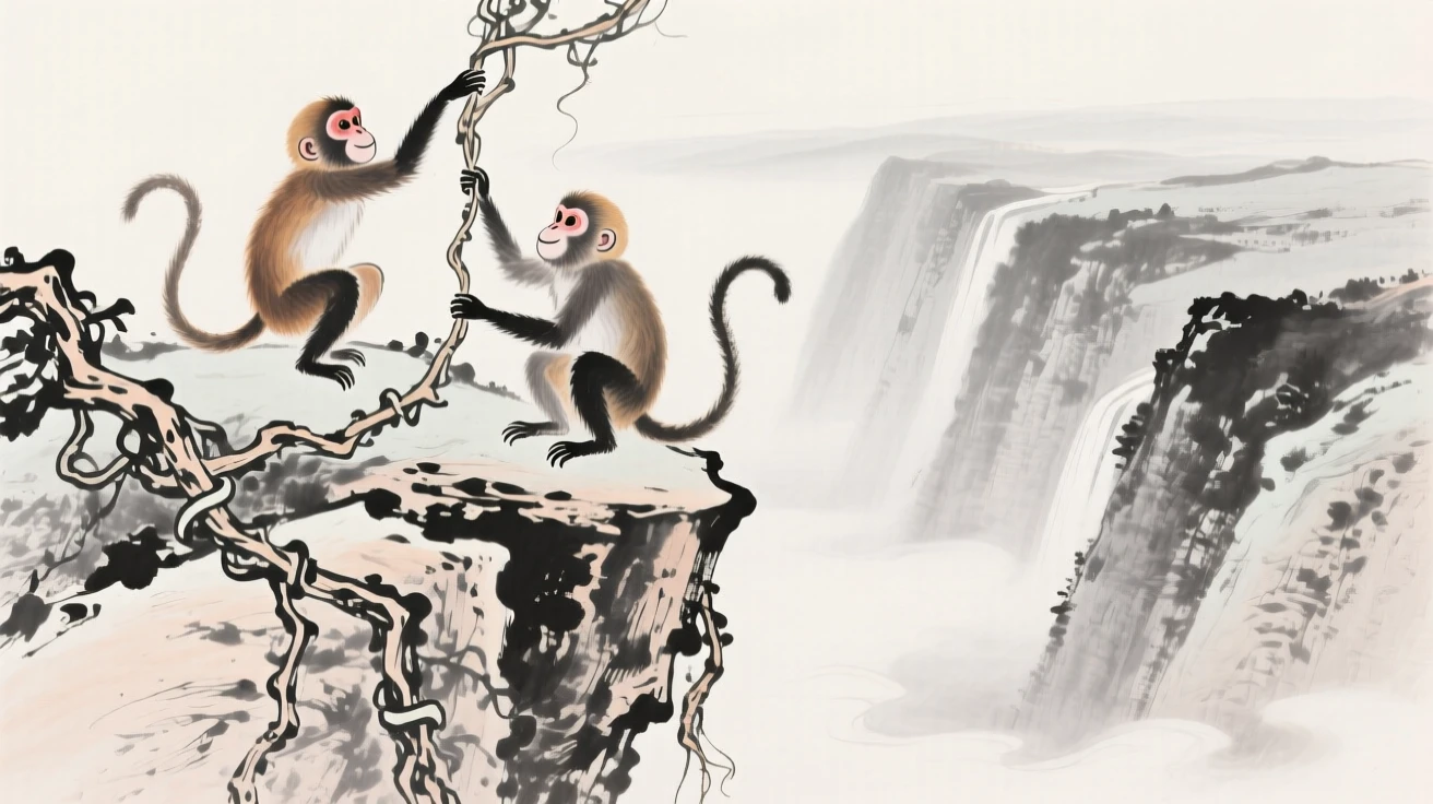 Two monkeys play along a vine-draped cliffside, overlooking a deep misty valley.