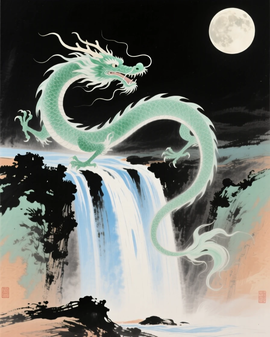 A jade dragon curling above a waterfall that seems to fall from the sky, filled with tranquil stillness, under a full moon.