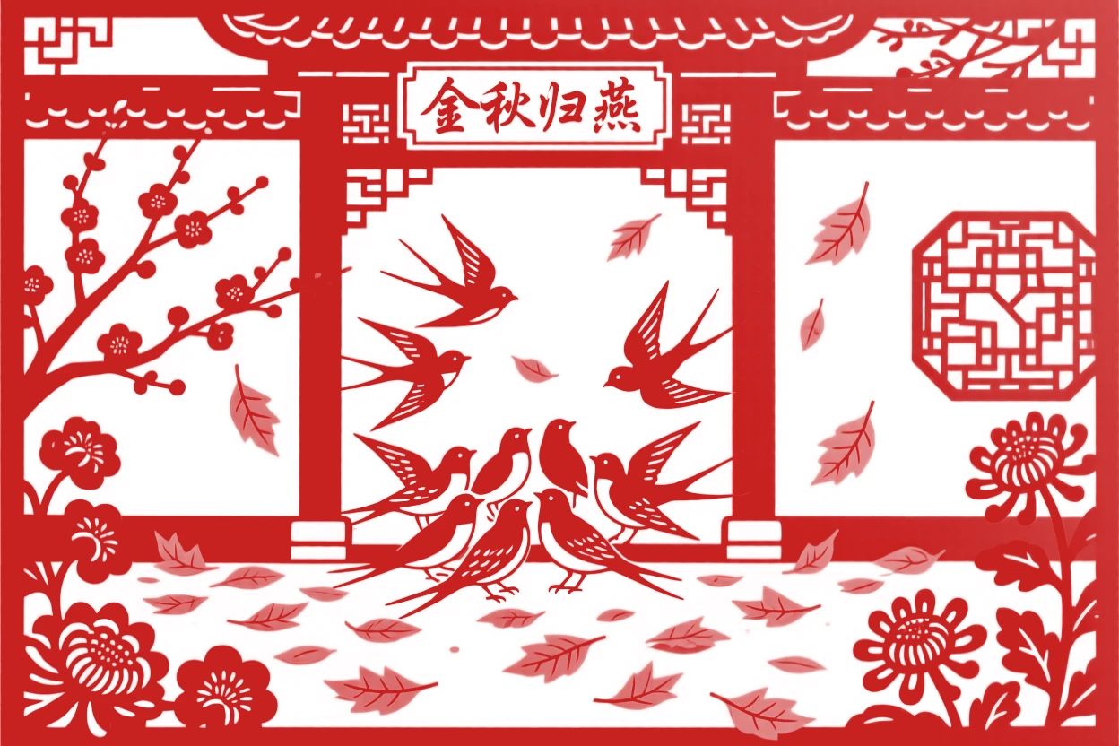 A Summer scene of a courtyard filled with golden fallen leaves, birds gathering before their seasonal journey.