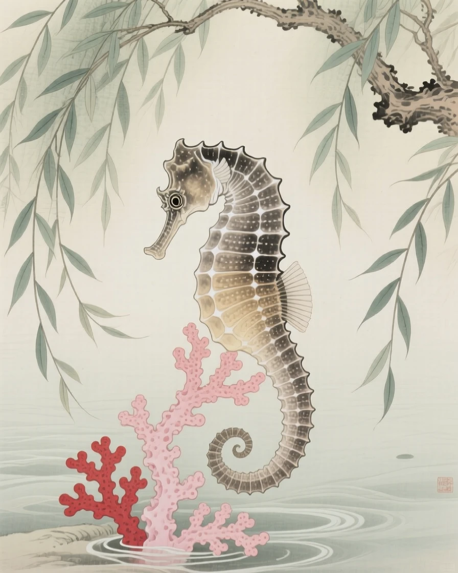 A seahorse curled around a strand of coral under the shade of an overhanging willow tree