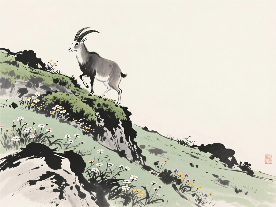 A mountain goat climbing a steep, moss-covered slope among wildflowers on a mountain meadow, positioned off-center, leaving space for the quiet landscape around it, capturing a fleeting, tender moment of wild life.