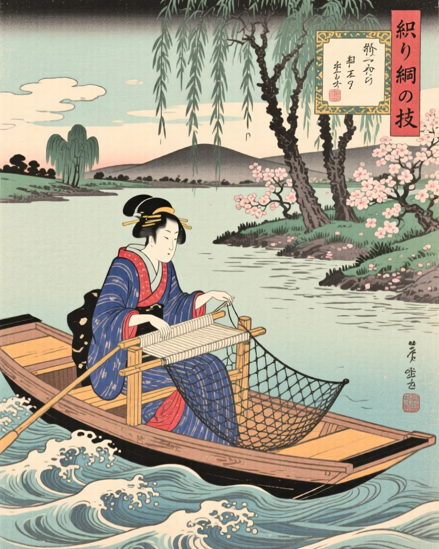 A weaver at a wooden loom casting a net from a small wooden boat.