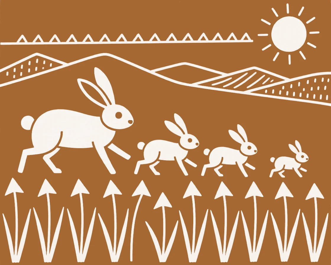 A family of rabbits crossing a field of tall grass.
