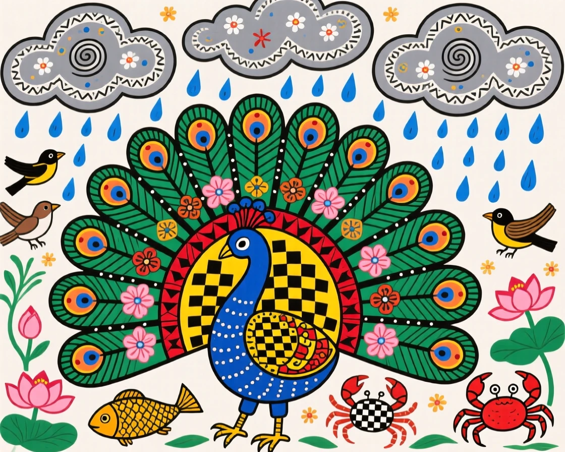 A peacock spreading its tail as monsoon clouds roll across the sky.