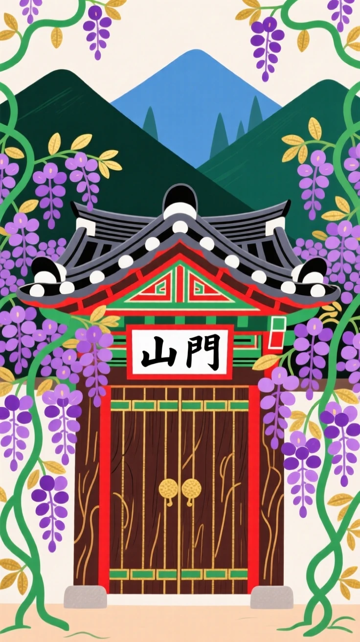 A mountain temple gate surrounded by blooming wisteria.