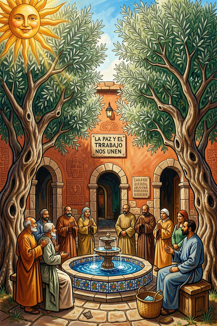 A quiet monastery courtyard shaded by olive trees