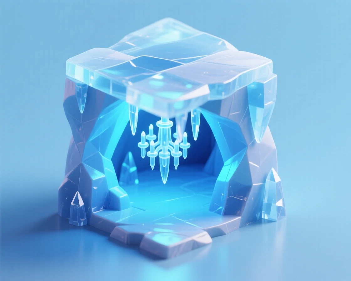A dramatic ice cave glowing blue from within, icicles hanging like chandeliers, and light filtering through the frozen ceiling above.