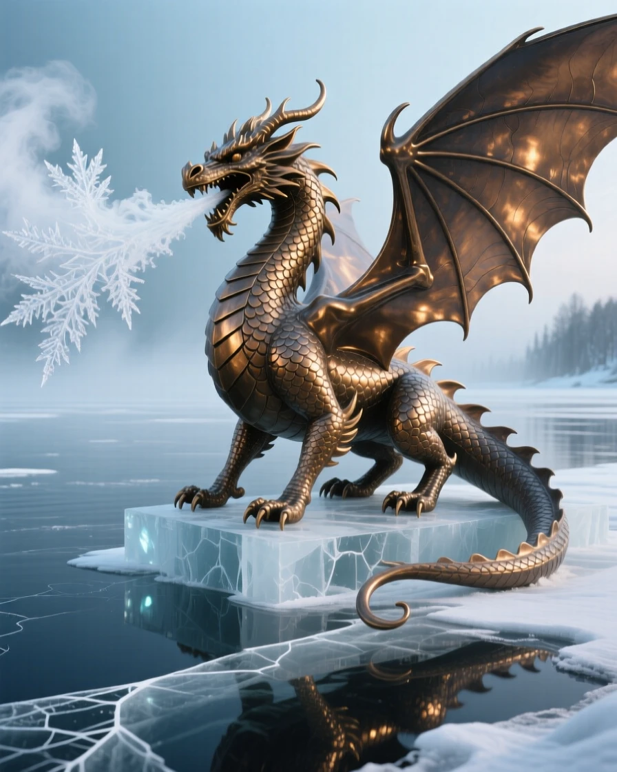 An ice dragon breathing frost across a frozen lake, bathed in ethereal, otherworldly glow, radiating awe and grandeur