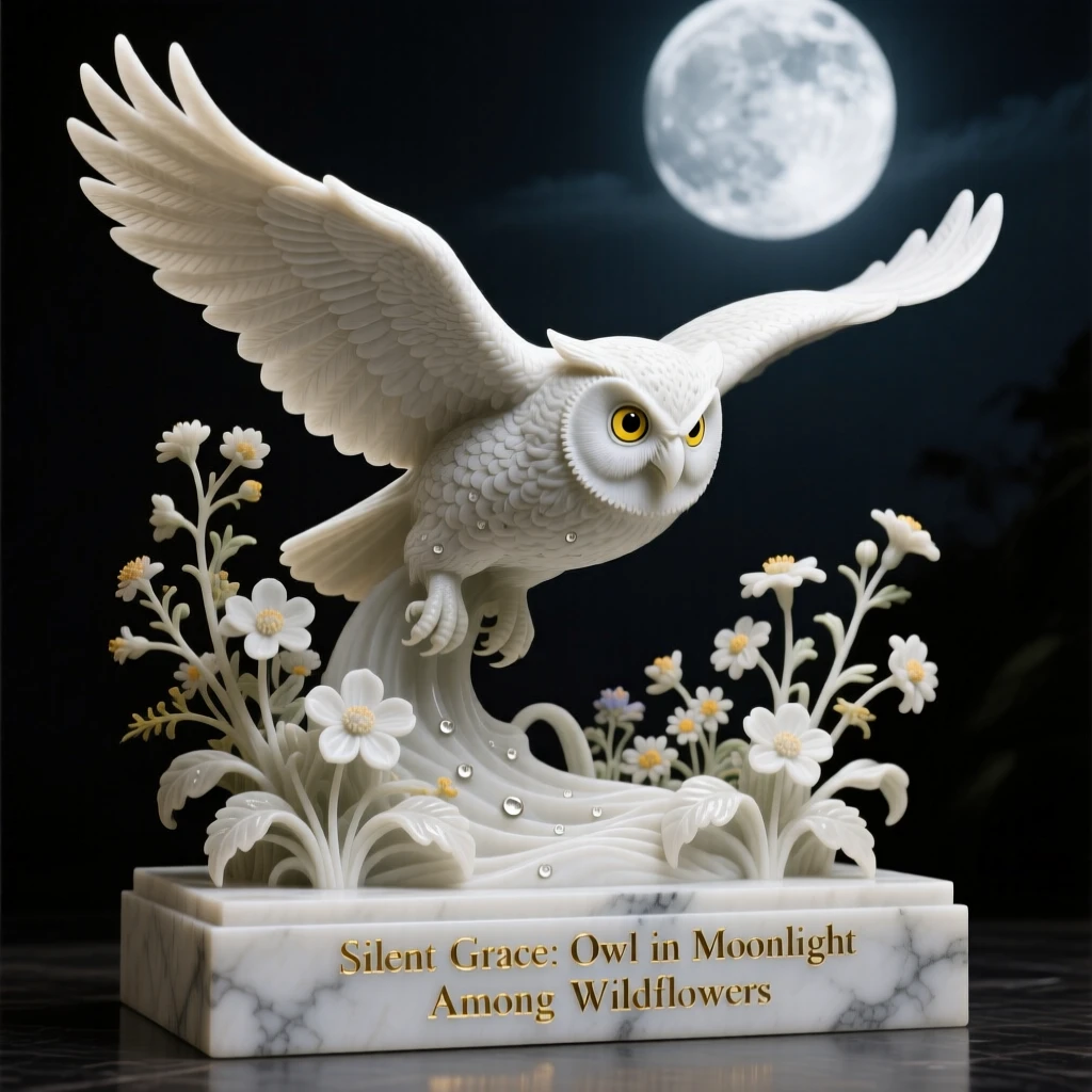 A striking close-up of an owl gliding silently through moonlight, full of life and grace, amid blooming wildflowers