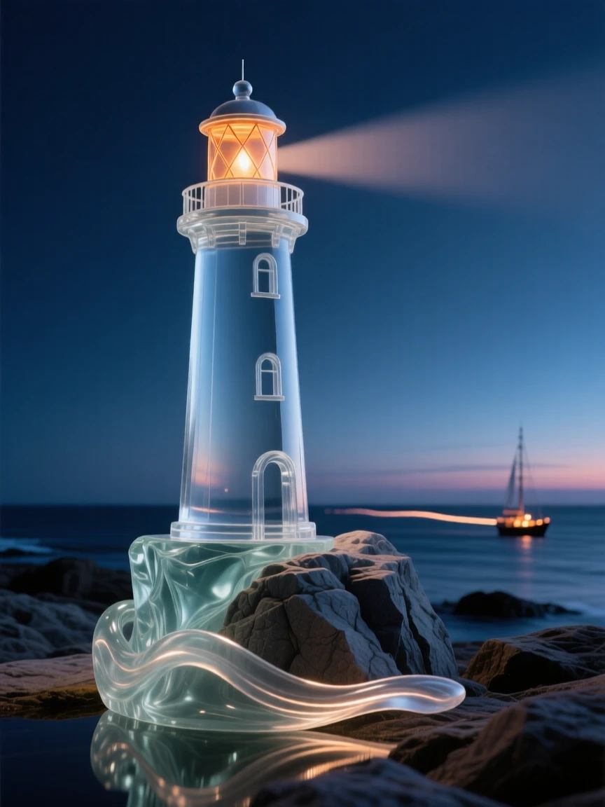 A lighthouse on a rocky coastline at dusk under a starry night sky, long soft light trails in the distance, composition emphasizing scale and grandeur.