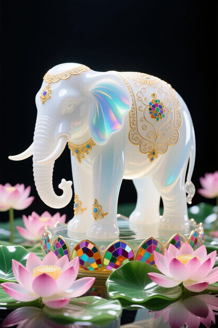 A sacred white elephant representing Buddhist legend standing amid blooming lotus flowers, serene and auspicious.