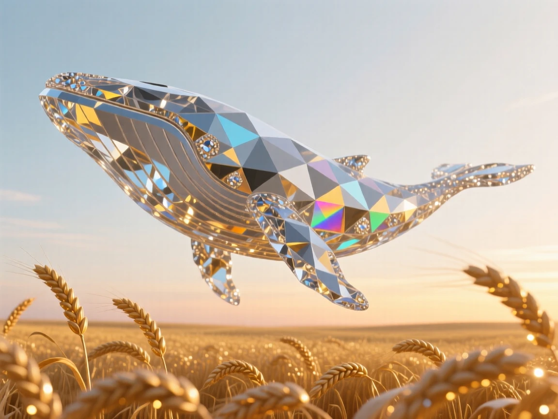 A sky whale drifting slowly above a golden wheat field at sunset.