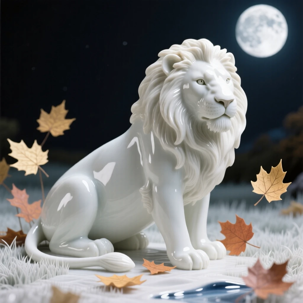 A powerful lion gazing calmly into the distance in a moonlit meadow, surrounded by drifting autumn leaves.