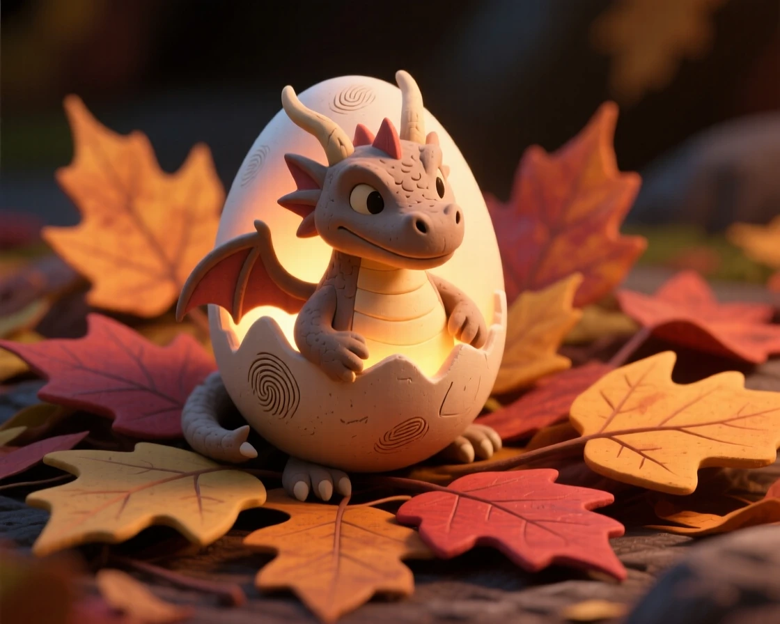 A dragon egg glowing softly atop a bed of autumn leaves