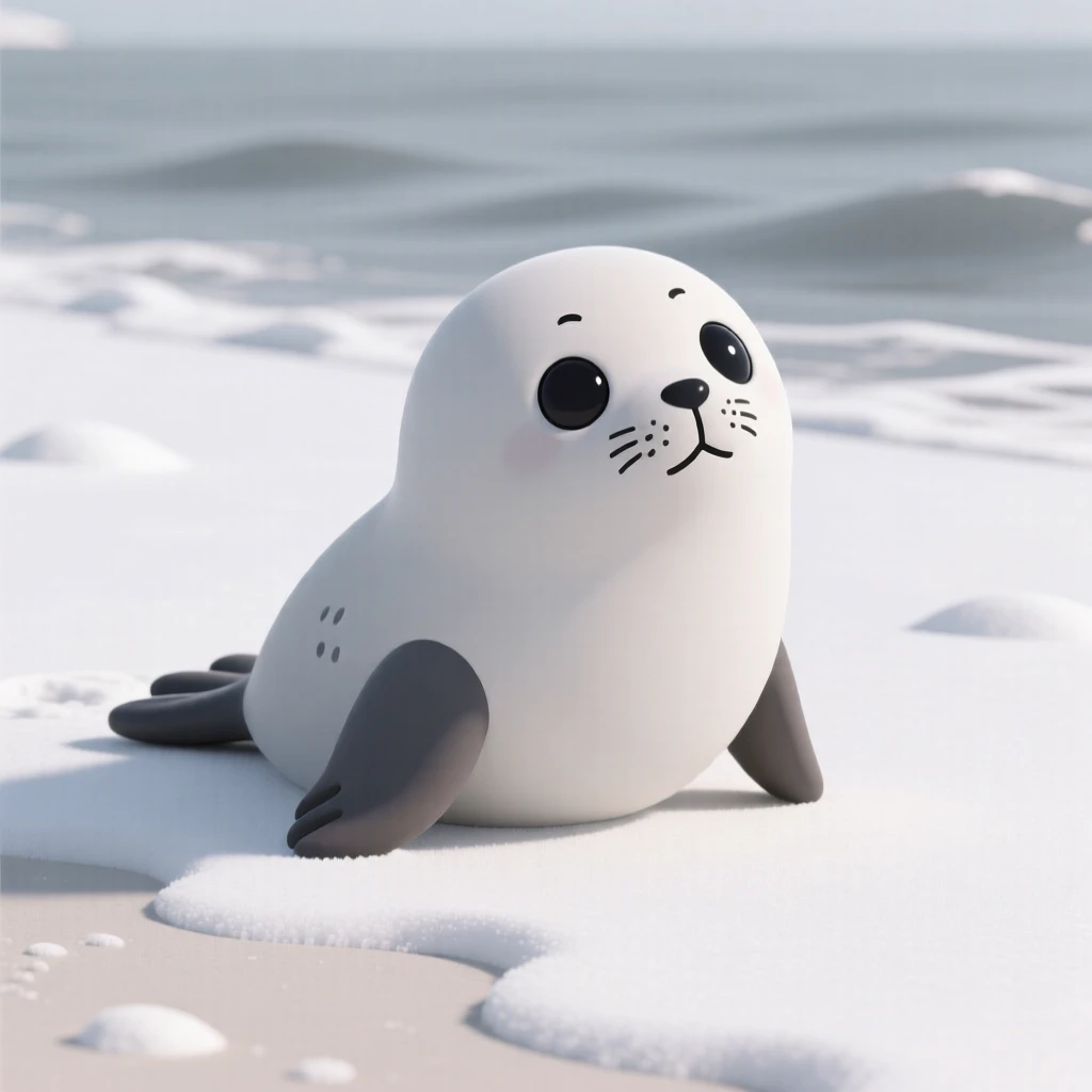 A curious baby seal flops across a snowy beach, wide dark eyes blinking up at the camera.