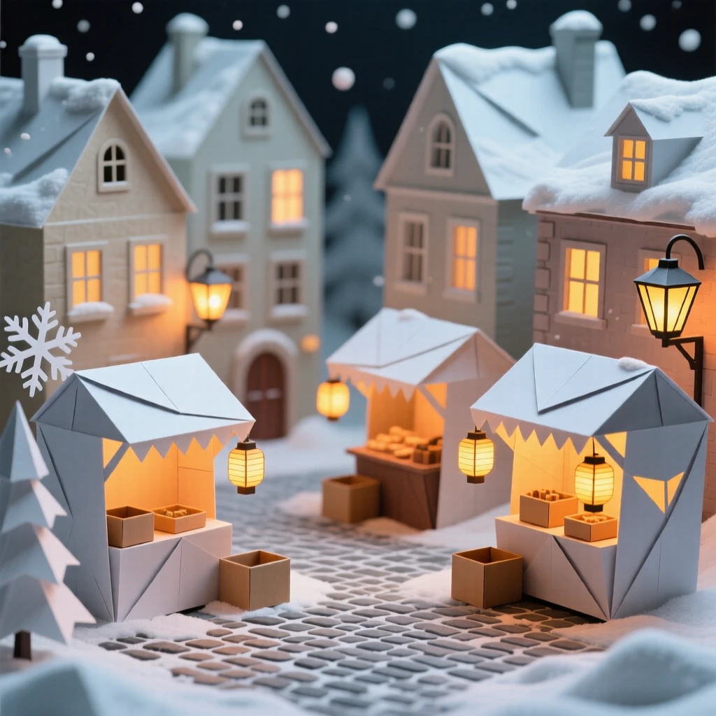 A snow-dusted Christmas market glowing with lantern light in a European town square.