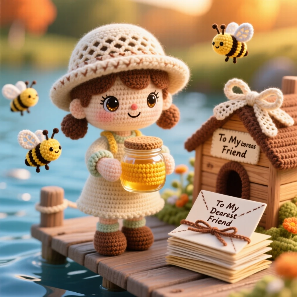 a little girl apiarist, with a jar of golden honey, is captured watching bees dance around a garden hive in a peaceful riverside dock at golden hour beside a stack of handwritten letters tied with ribbon, radiating bright-eyed enthusiasm for a beloved craft.