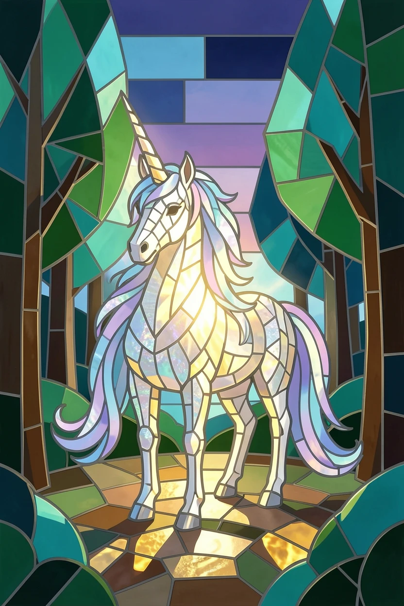 A graceful unicorn standing in an enchanted glowing forest clearing, rendered with dramatic magical lighting and rich atmospheric detail.