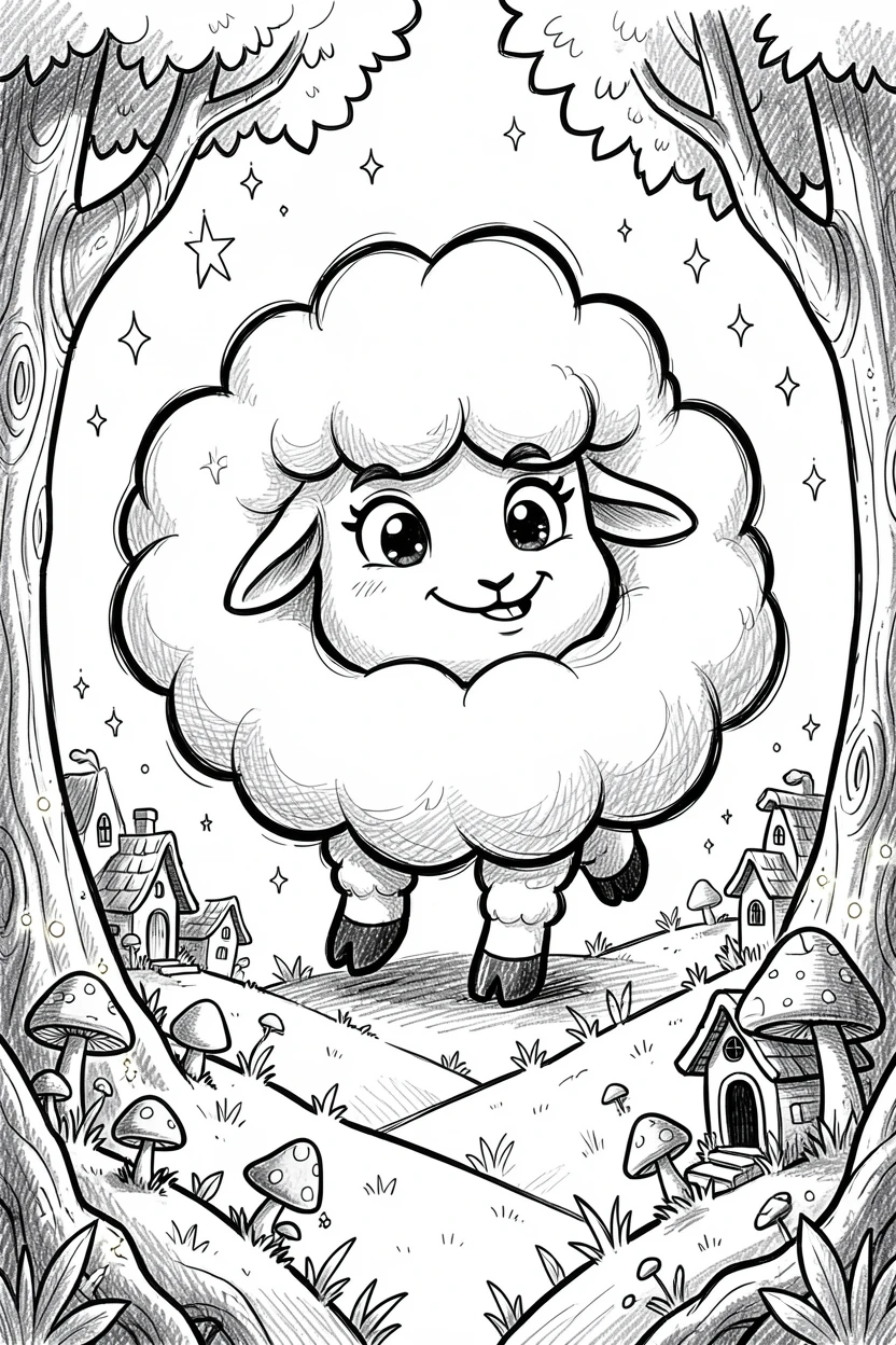 A cloud creature shaped like a sheep in a hidden fairy village.