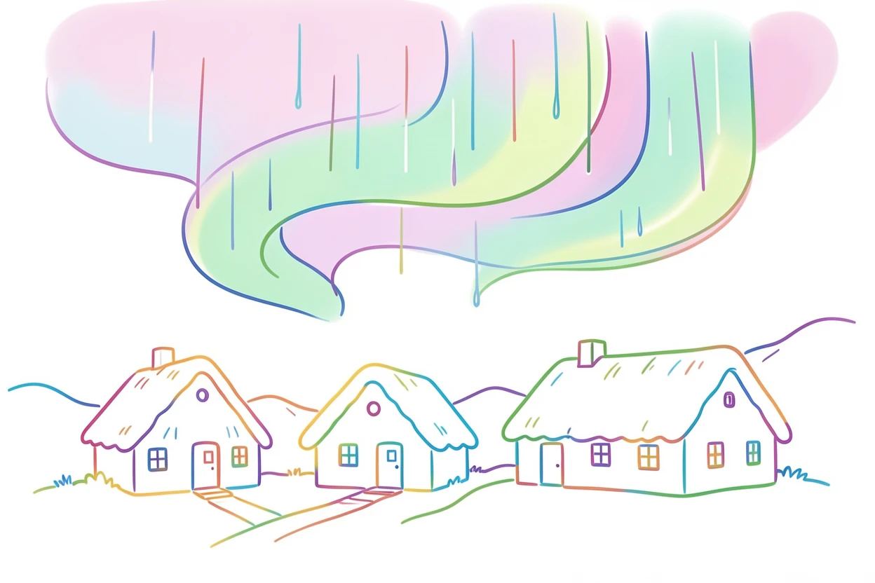 The northern lights dancing above a cluster of Icelandic turf houses.