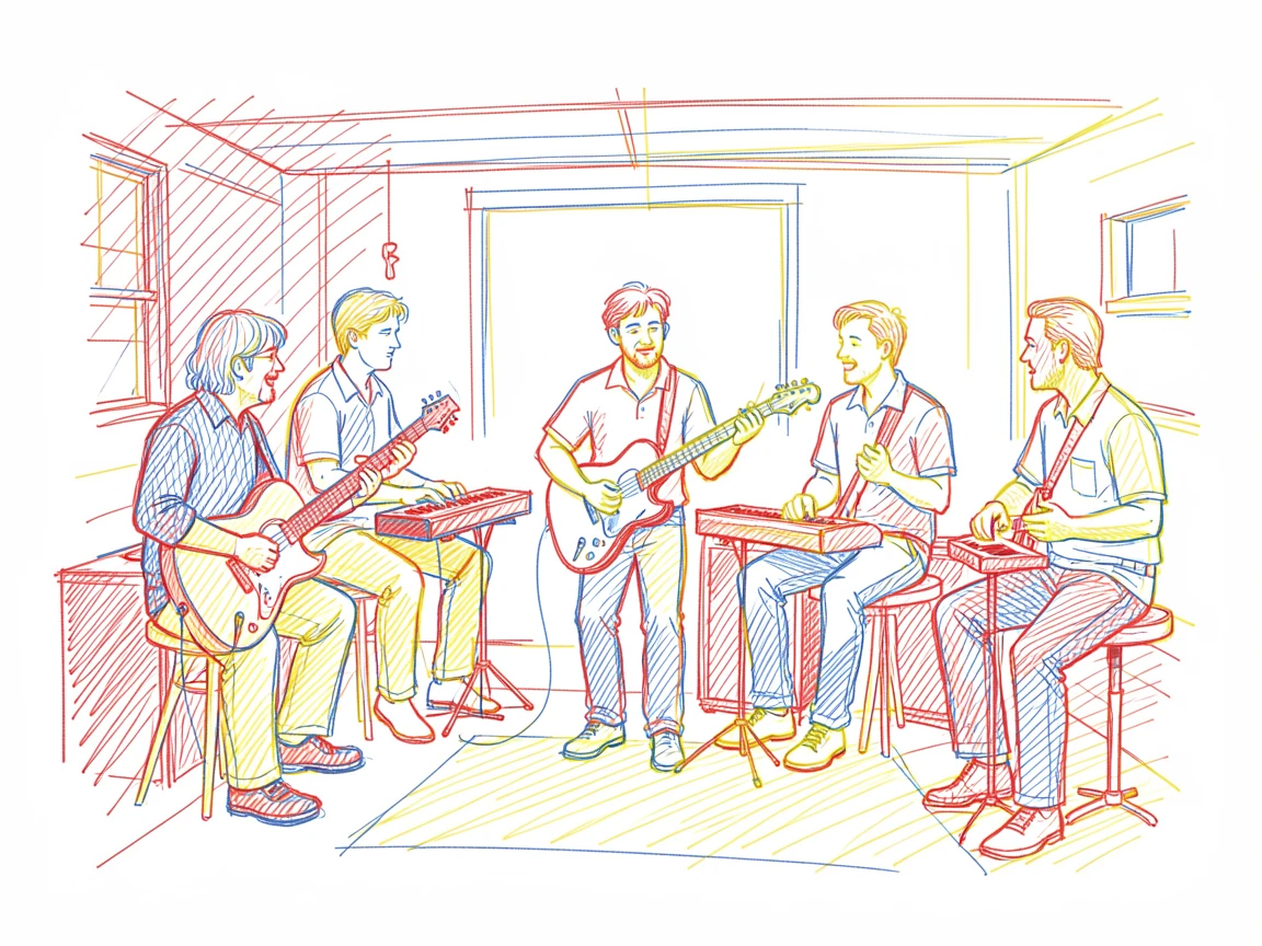 A group of musicians jamming together in a cozy garage studio