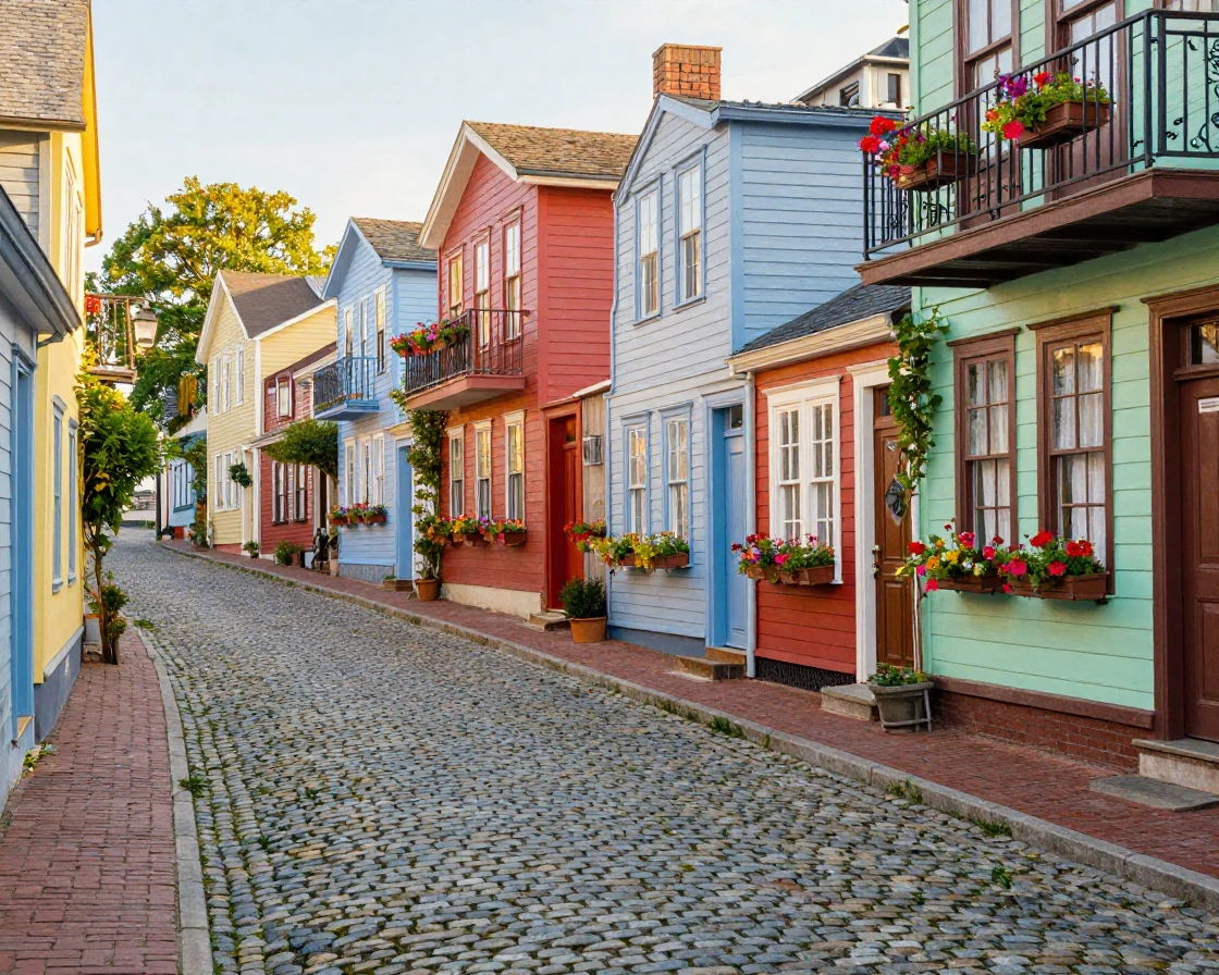 A quaint cobblestone street lined with colorful houses