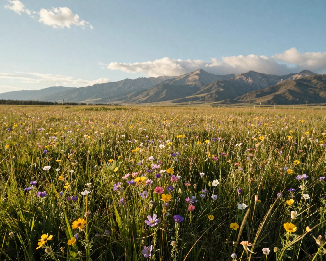 A meadow of wildflowers ripples in the wind beneath a distant mountain range.