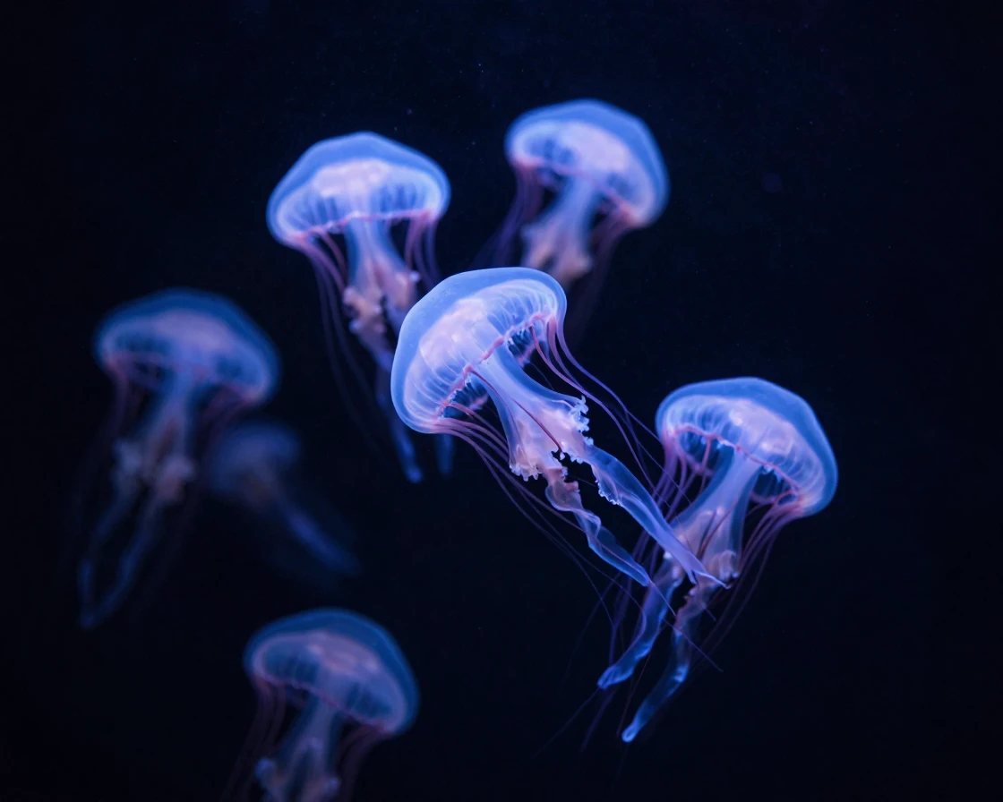 A cluster of glowing jellyfish drifting through dark ocean water