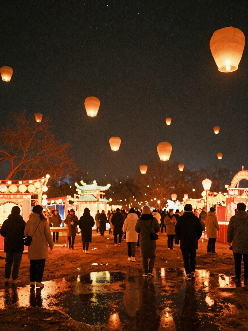A vibrant lantern festival lighting up a night sky with floating lights, under a canopy of stars, just after a rain shower, with puddles reflecting the sky, in the depths of winter, in earthy terracotta and ochre shades, from a wide establishing view.