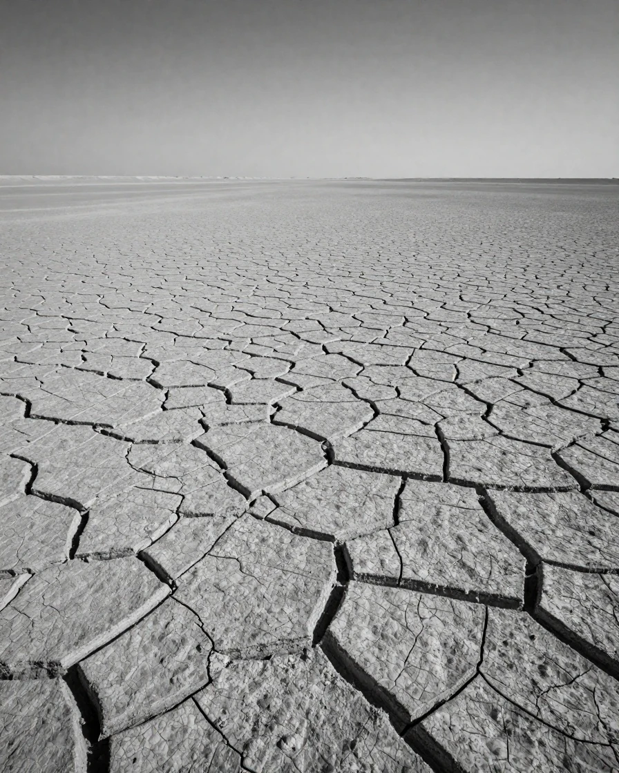 A cracked desert floor stretches into a maze of jagged patterns across a sun-scorched desert basin.