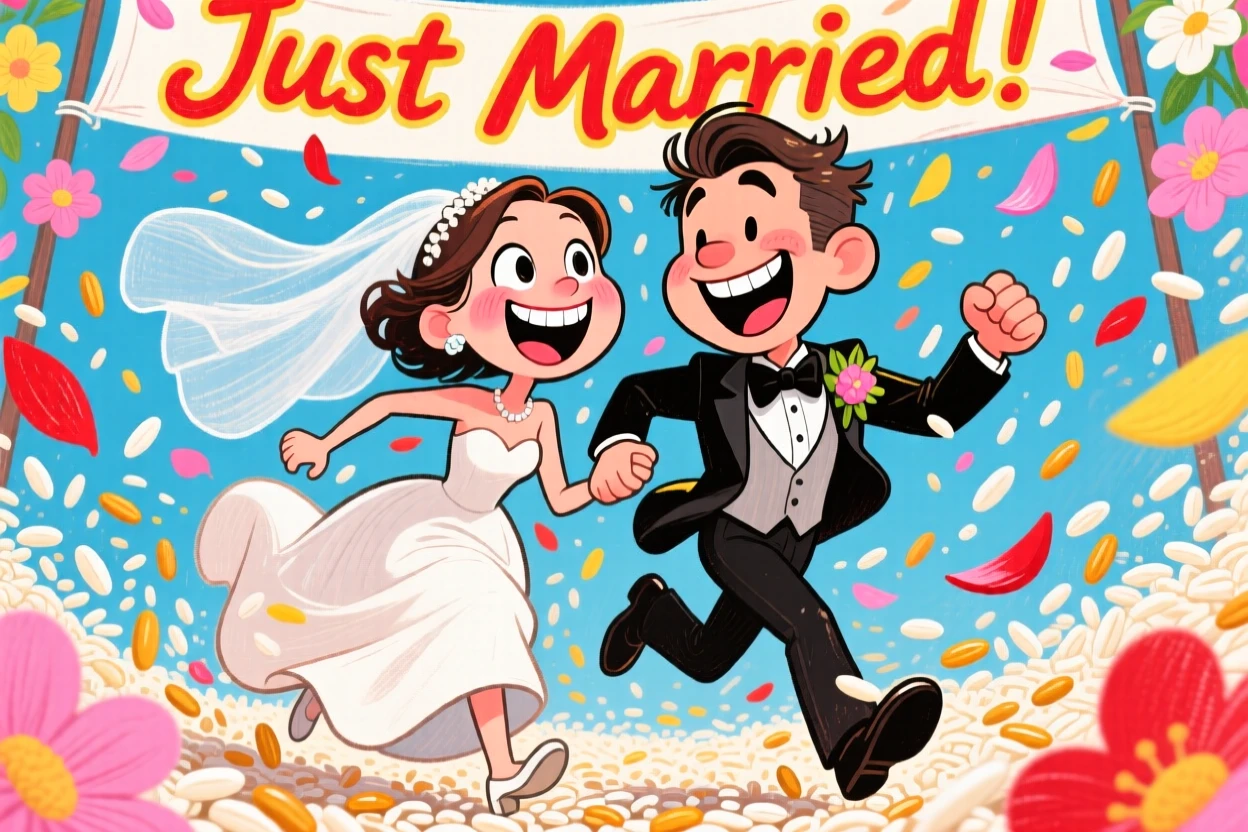 A newlywed couple running through a shower of rice and flower petals.