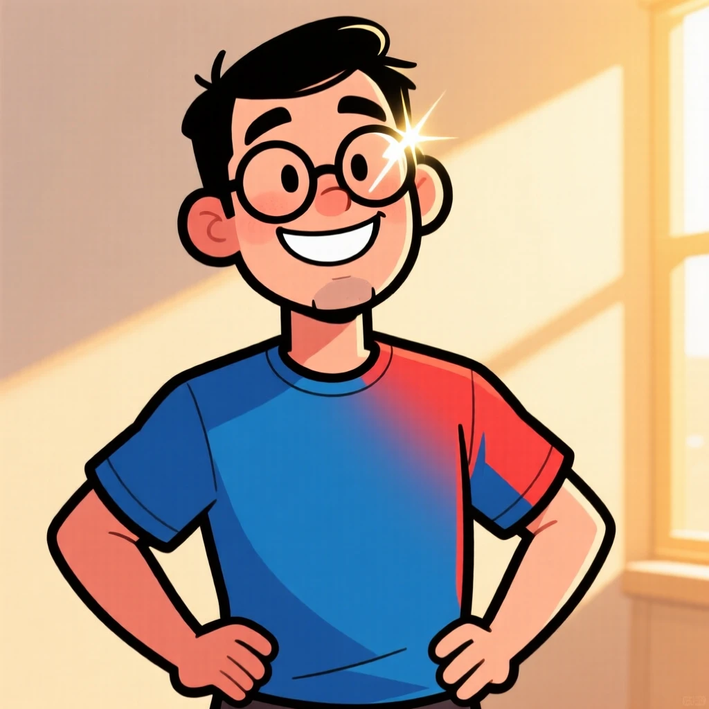 A charming portrait of a proud new father, striking a proud pose with hands on hips, with sunlight glinting off their glasses.