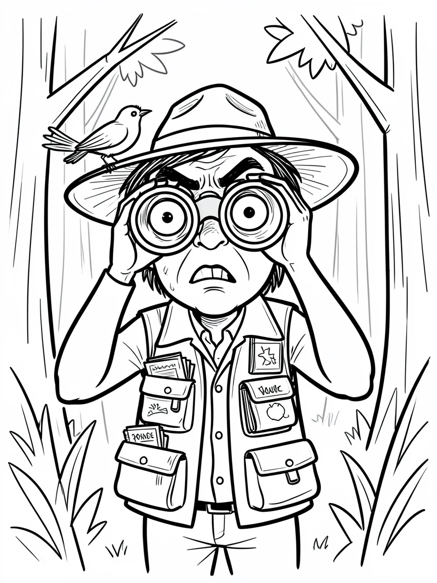 [Occupations & Hobbies] Detailed scene of a passionate birdwatcher peering through binoculars in a forest, showcasing skill and dedication