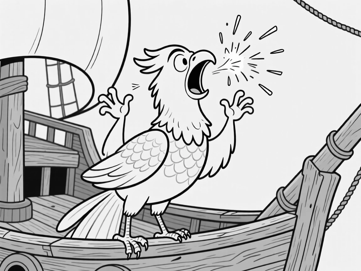 A phoenix mid-sneeze with sparks flying everywhere, waving tiny arms wildly to close a deal, set aboard a creaky wooden pirate ship. Scales shimmer faintly with every breathy snore. The scene turns epic fantasy into pure charming comedy.