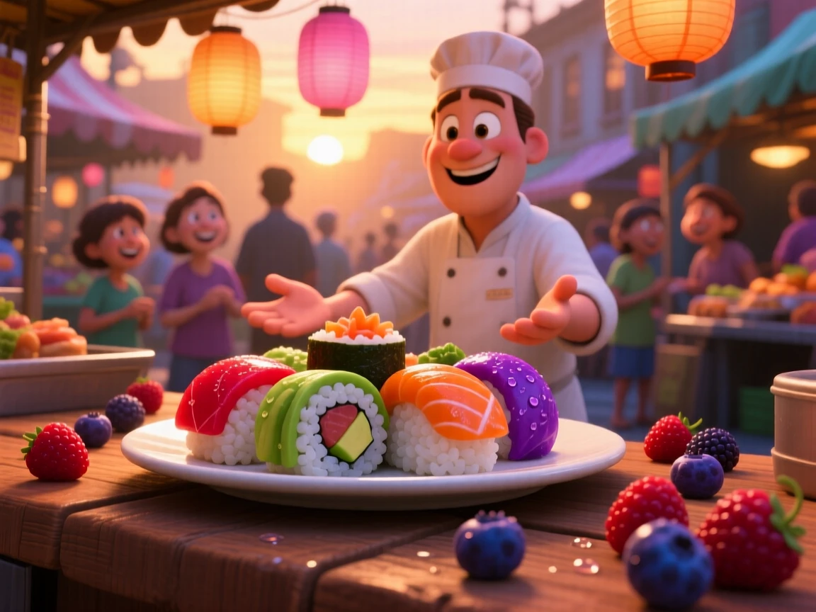 A plate of colorful sushi rolls sits at a bustling street food market stall, surrounded by scattered fresh berries. The scene feels inviting, warm, and delicious.