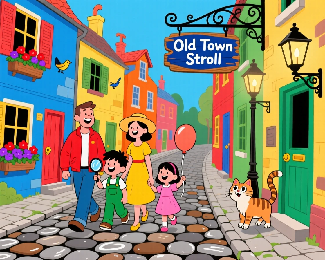 A family exploring an old cobblestone street lined with colorful houses.