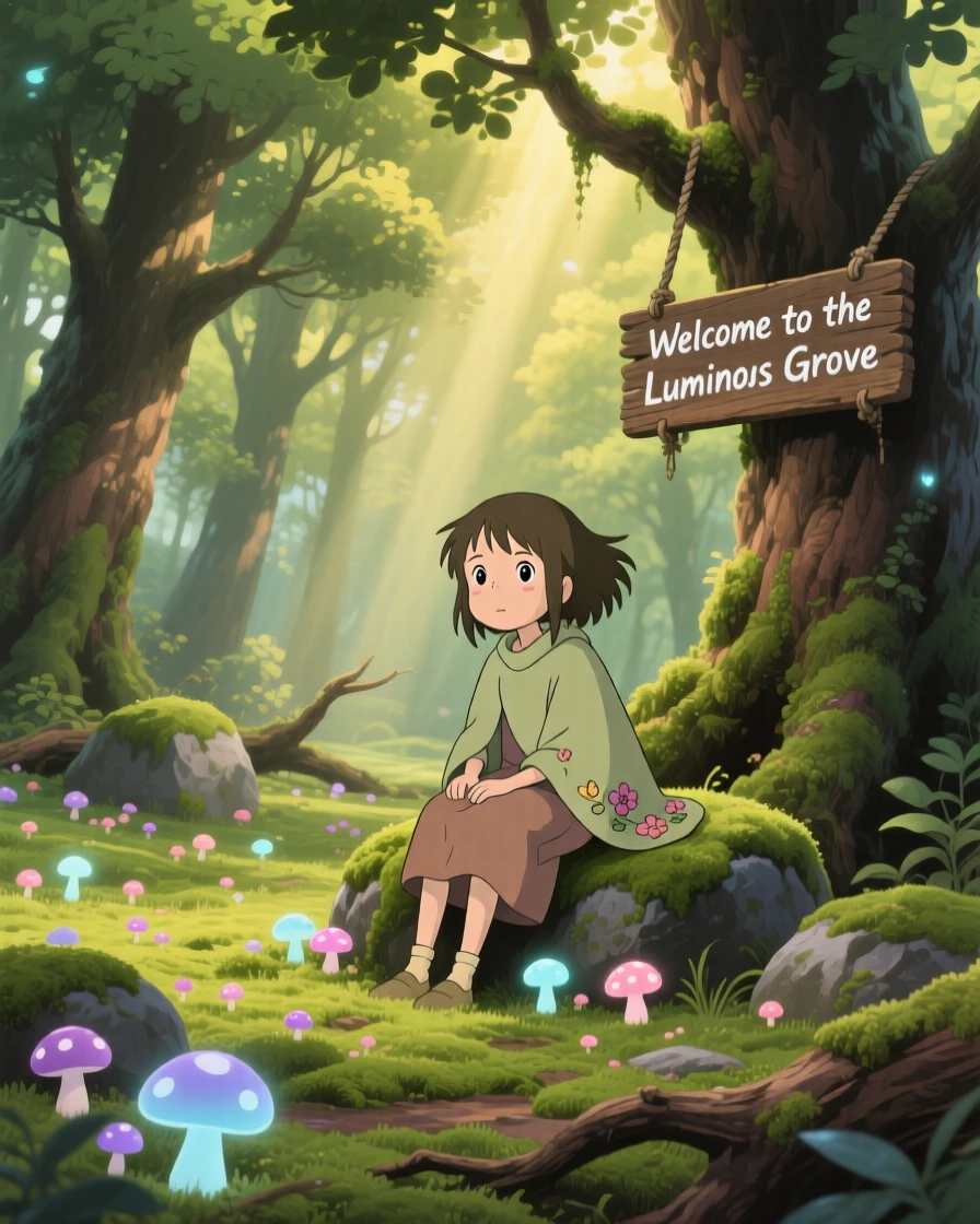 A moss-covered grove filled with softly glowing mushrooms, shafts of light breaking through the leaves overhead, creating a scene of quiet natural magic.