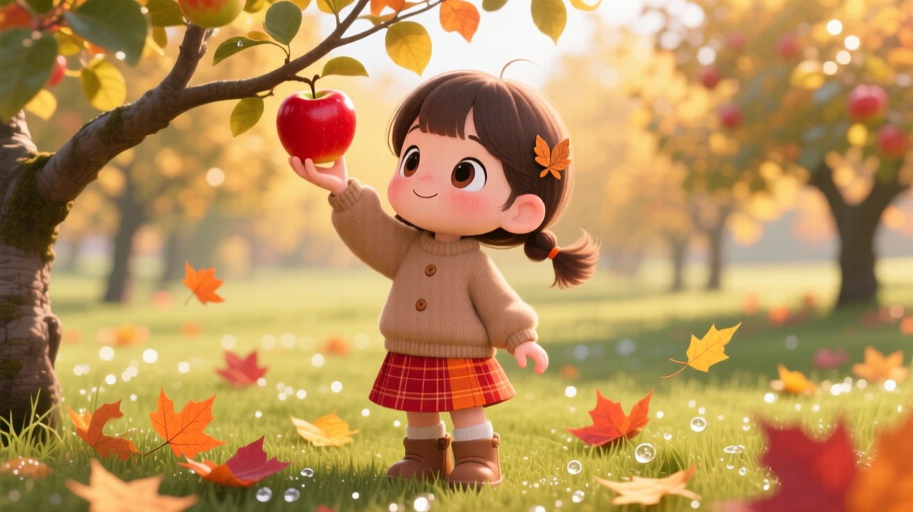 In a sunny autumn orchard, a little girl is picking apples from a low orchard branch as morning dew glistens on the grass, bathed in dappled sunlight through a canopy, expression full of peaceful calm. Shot as a close-up portrait.
