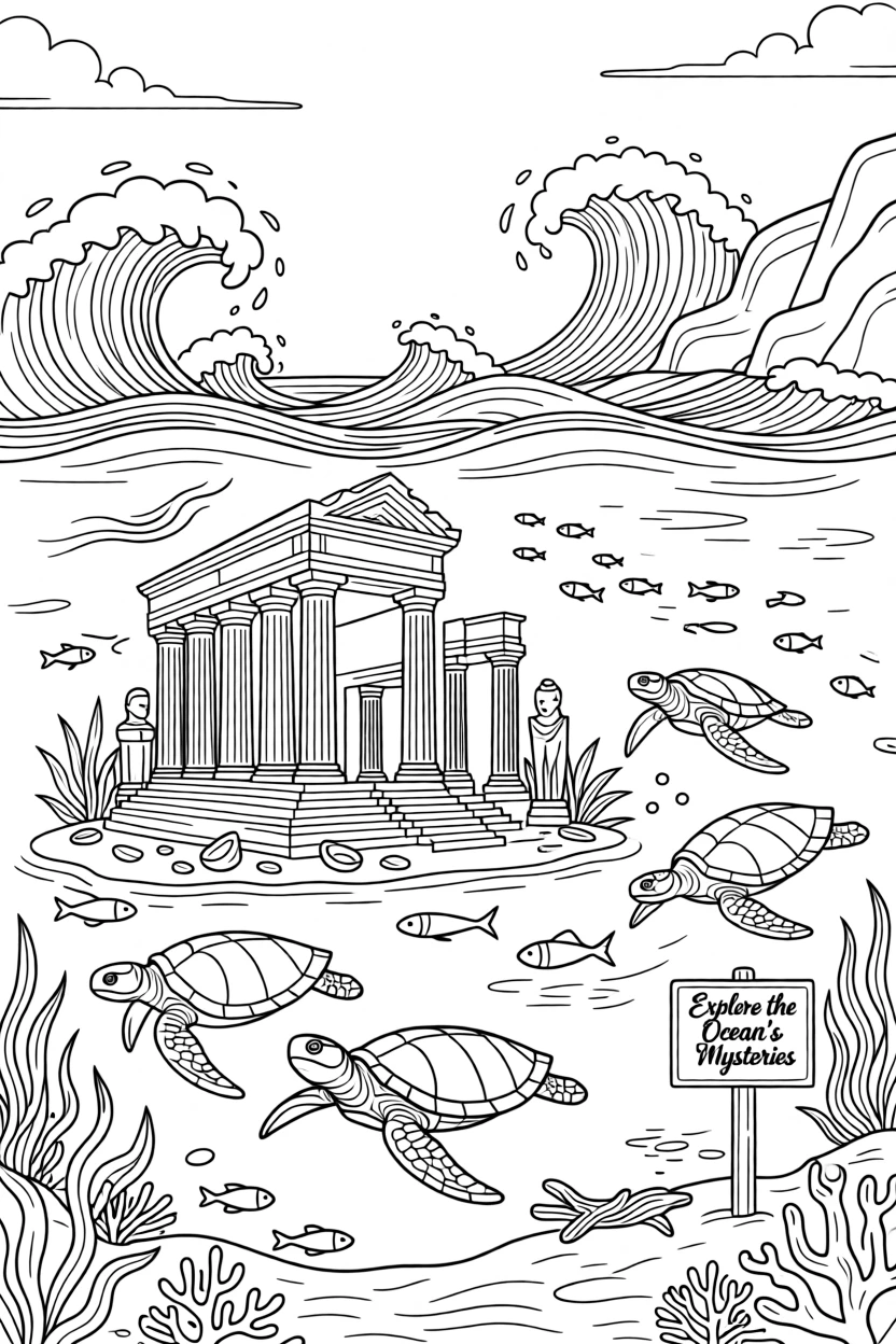A group of sea turtles swimming past an ancient ruin, with waves crashing dramatically in the background.