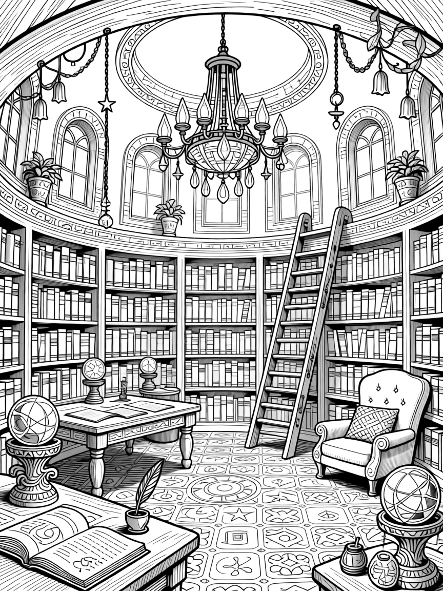 A wizard's tower library stacked with ancient scrolls and orbs.
