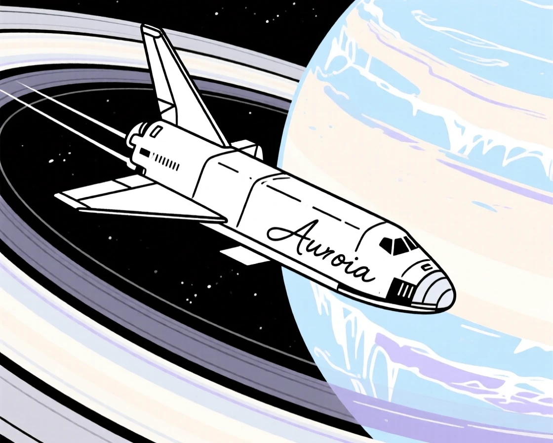A spacecraft descending toward the icy rings of a distant planet.
