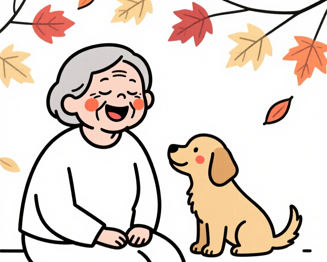 A grandmother with a golden retriever puppy, laughing with eyes closed, under a canopy of autumn leaves.