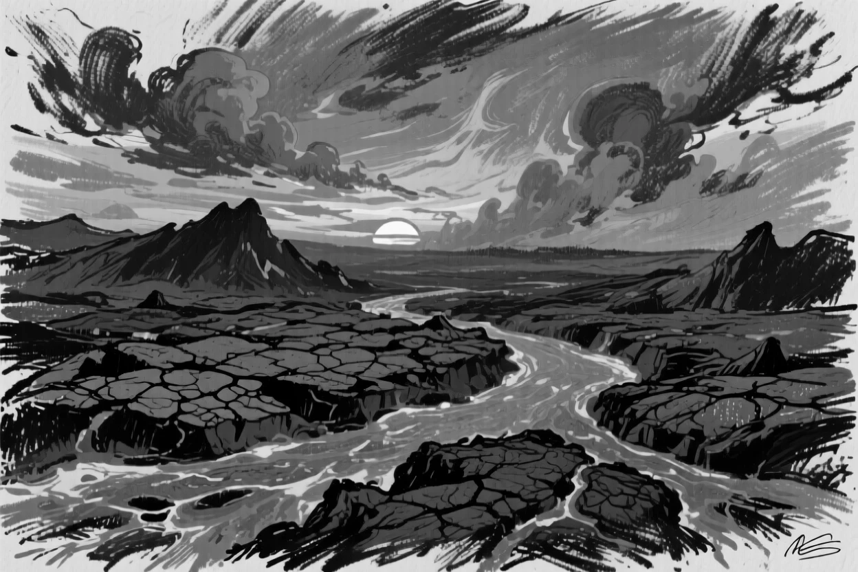 A glowing lava field under a sky ablaze with sunset colors.