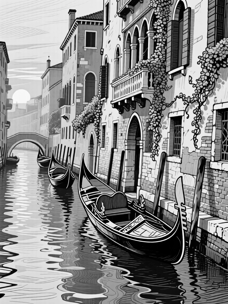 A venetian canal lined with gondolas at golden hour with long shadows, featuring climbing vines softening the stonework, rendered in a warmly nostalgic architectural composition.
