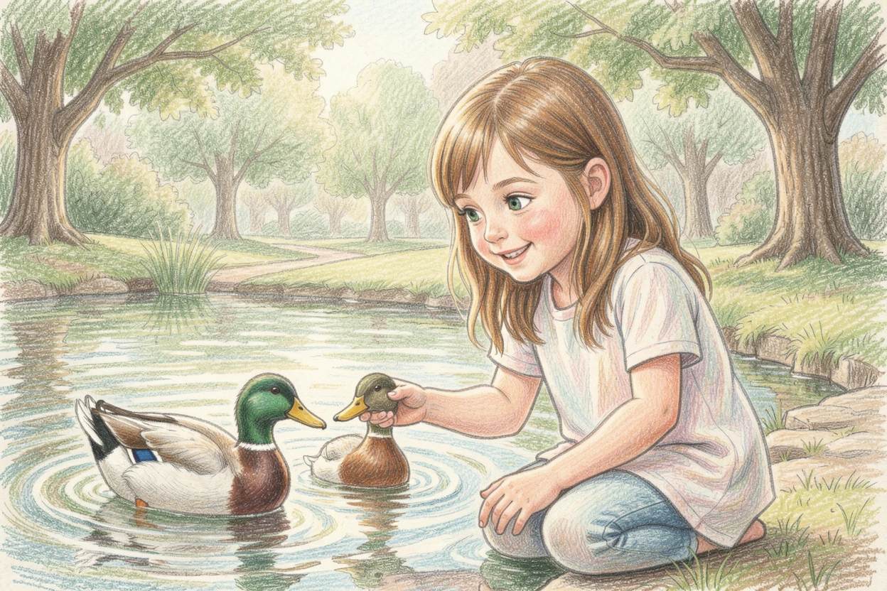 A young girl feeding ducks at a park pond, with soft, natural lighting highlighting genuine emotion, designed to feel emotionally resonant and heartfelt.
