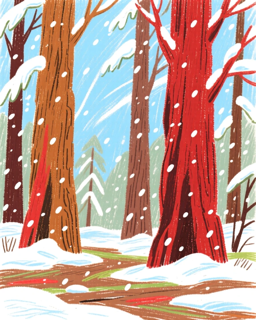 A view of a redwood grove dusted lightly with the season's first snow.
