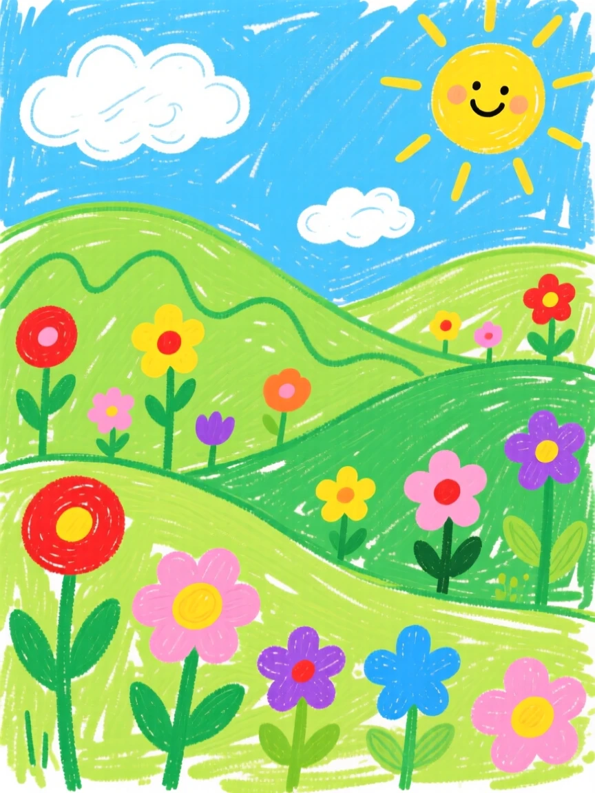 Rolling green hills dotted with wildflowers.