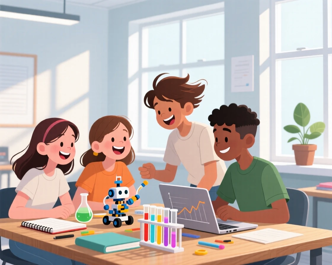 A group of students working together on a science fair project, in a bright, airy studio filled with natural light, composed with soft depth of field drawing focus to the subject, with small joyful details like flying hair or bright laughter.